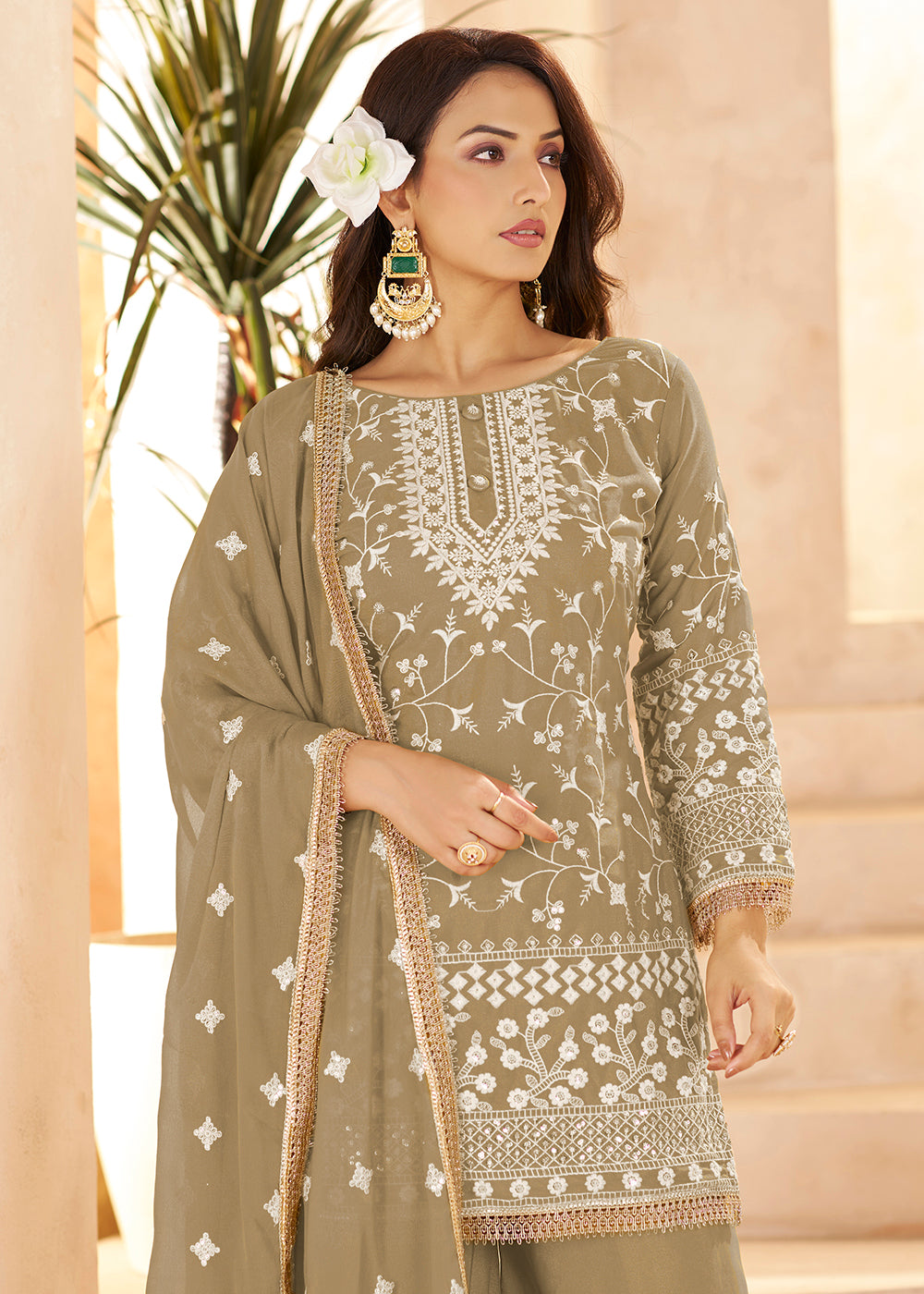 Buy Now Trendy Beige Color Embroidered Georegtte Palazzo Suit Online in New York, Las Vegas, Newark, Chicago, Houston, Fremont, Dubai & Worldwide at Empress.