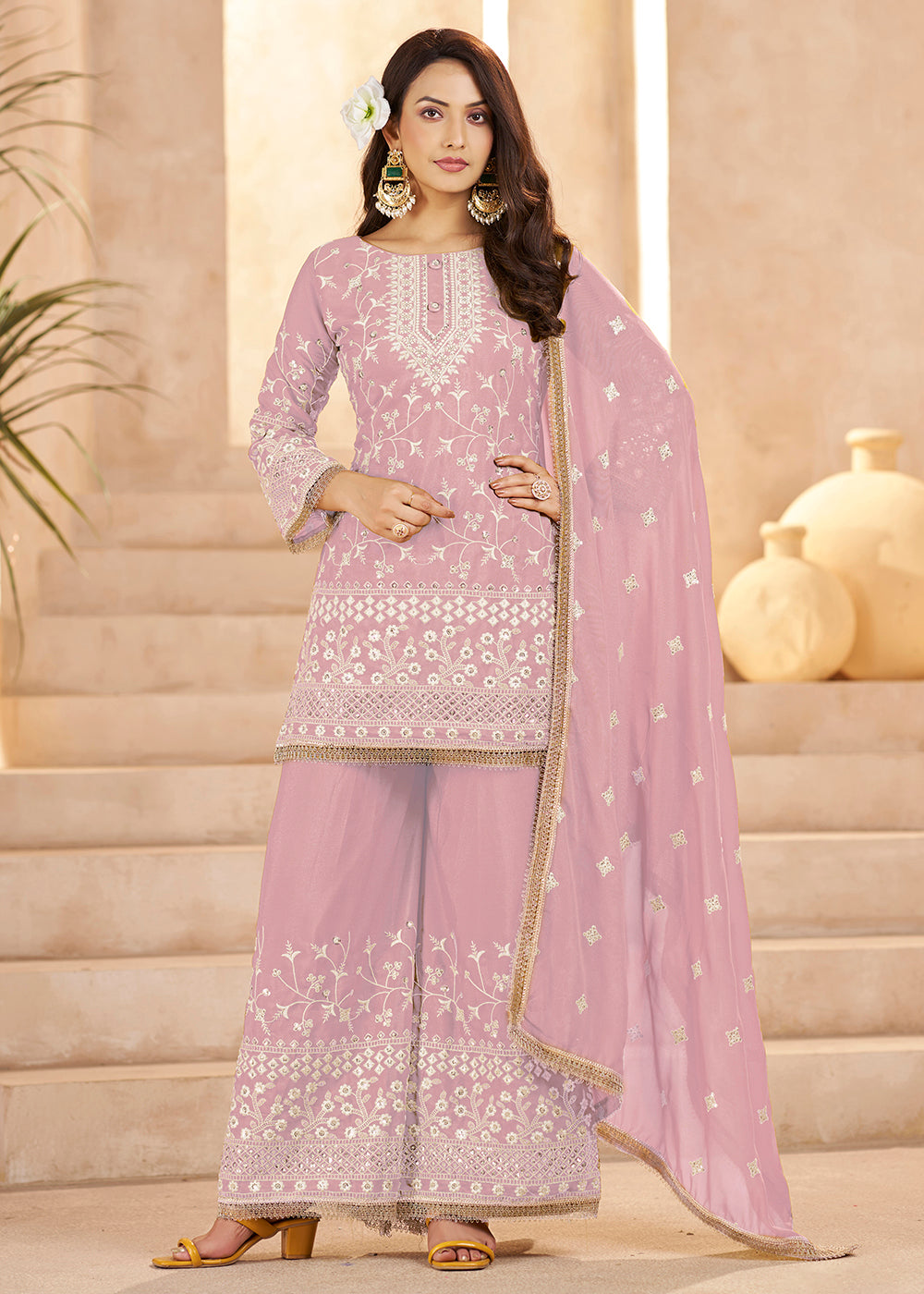 Buy Now Trendy Pink Color Embroidered Georegtte Palazzo Suit Online in New York, Las Vegas, Newark, Chicago, Houston, Fremont, Dubai & Worldwide at Empress.