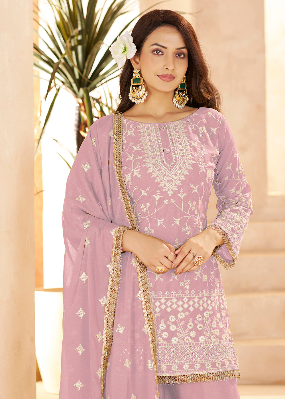 Buy Now Trendy Pink Color Embroidered Georegtte Palazzo Suit Online in New York, Las Vegas, Newark, Chicago, Houston, Fremont, Dubai & Worldwide at Empress.