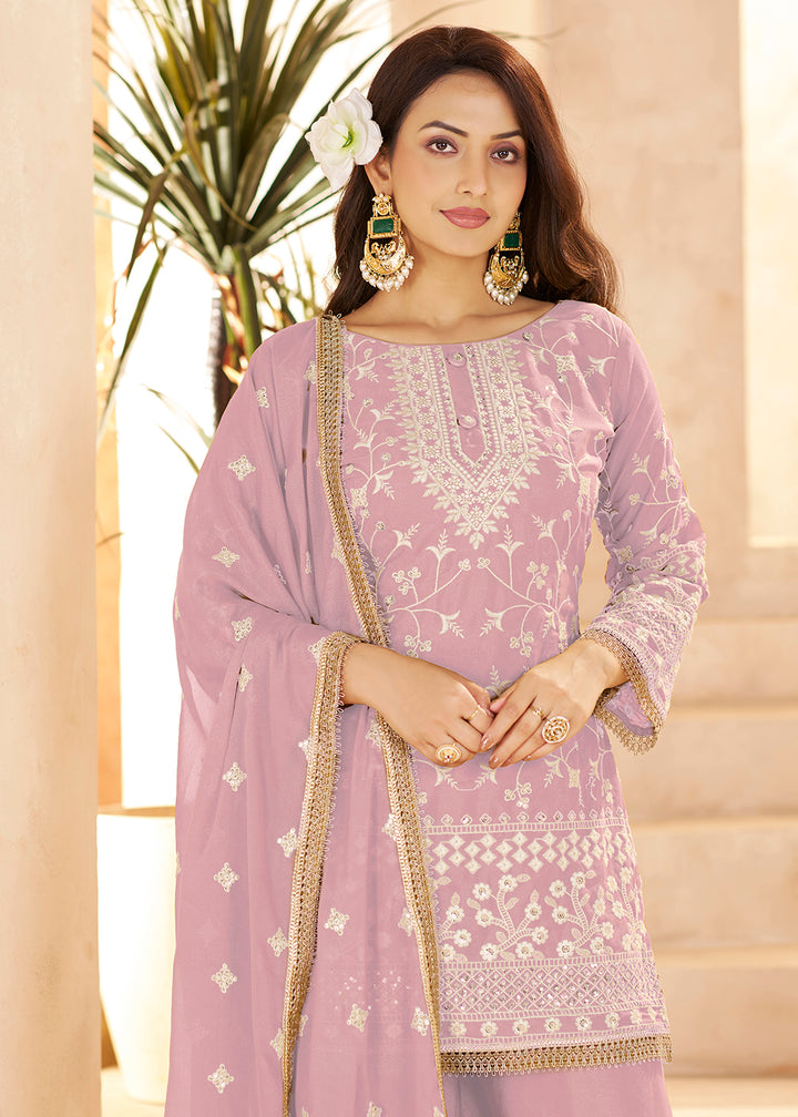 Buy Now Trendy Pink Color Embroidered Georegtte Palazzo Suit Online in New York, Las Vegas, Newark, Chicago, Houston, Fremont, Dubai & Worldwide at Empress.