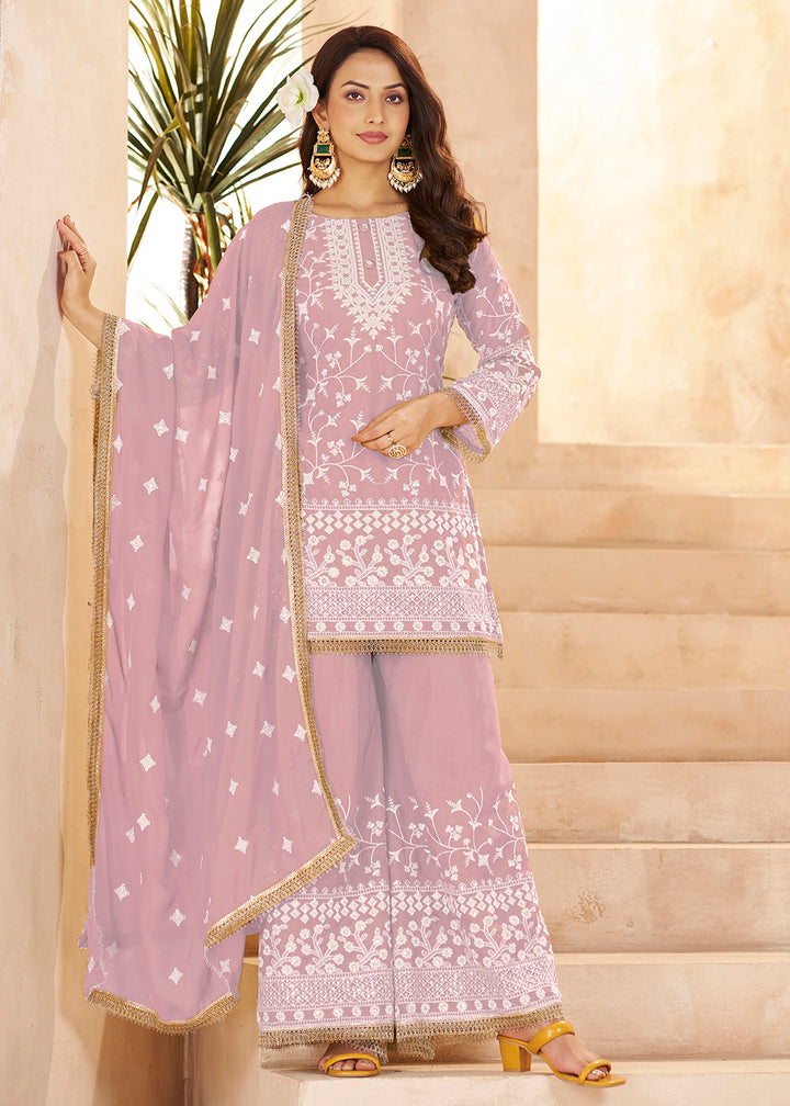 Buy Now Trendy Pink Color Embroidered Georegtte Palazzo Suit Online in New York, Las Vegas, Newark, Chicago, Houston, Fremont, Dubai & Worldwide at Empress.