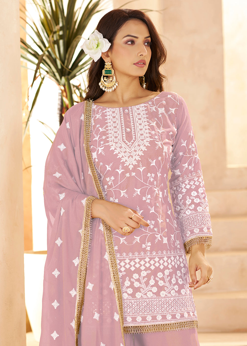 Buy Now Trendy Pink Color Embroidered Georegtte Palazzo Suit Online in New York, Las Vegas, Newark, Chicago, Houston, Fremont, Dubai & Worldwide at Empress.