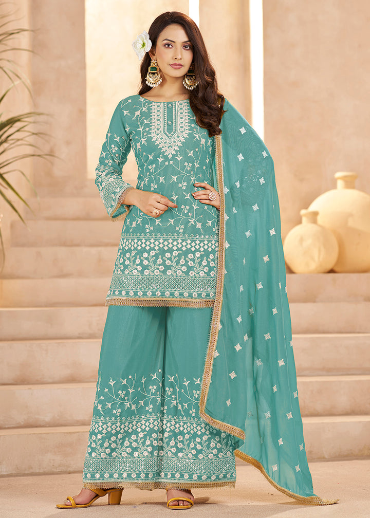 Buy Now Trendy Blue Color Embroidered Georegtte Palazzo Suit Online in New York, Las Vegas, Newark, Chicago, Houston, Fremont, Dubai & Worldwide at Empress.