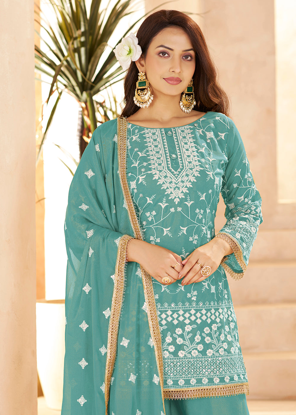 Buy Now Trendy Blue Color Embroidered Georegtte Palazzo Suit Online in New York, Las Vegas, Newark, Chicago, Houston, Fremont, Dubai & Worldwide at Empress.