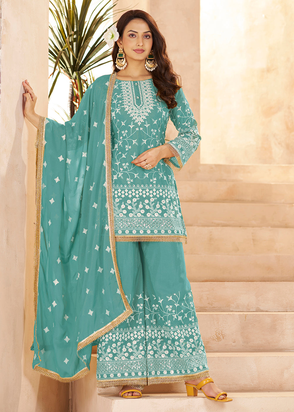 Buy Now Trendy Blue Color Embroidered Georegtte Palazzo Suit Online in New York, Las Vegas, Newark, Chicago, Houston, Fremont, Dubai & Worldwide at Empress.