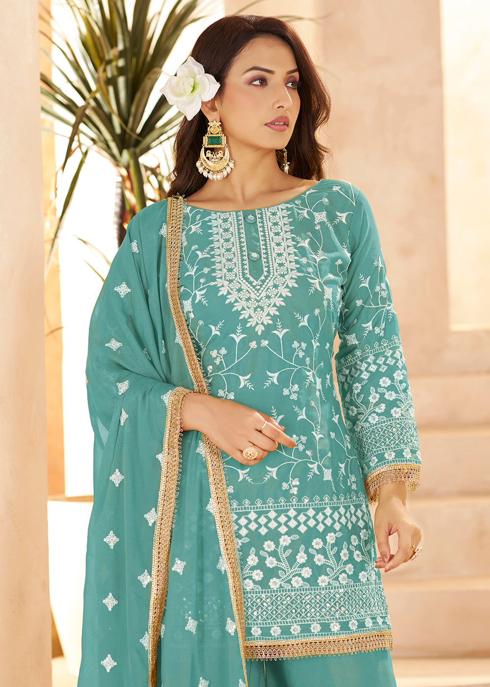 Buy Now Trendy Blue Color Embroidered Georegtte Palazzo Suit Online in New York, Las Vegas, Newark, Chicago, Houston, Fremont, Dubai & Worldwide at Empress.
