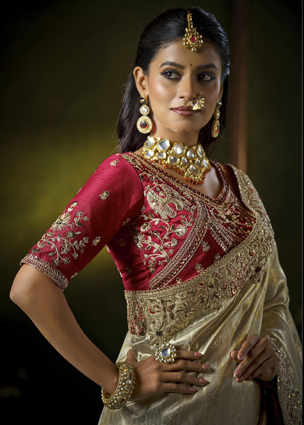 Buy Cream & Pink Heavy Silk Embroidered Bridal Wear Saree Online in USA, UK, Canada, France, Germany, Italy, Austria, Denmark, Singapore & Worldwide at Empress.