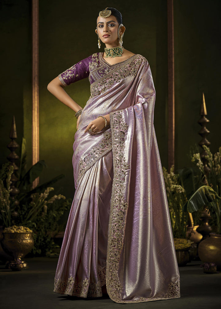 Buy Lavender & Purple Heavy Silk Embroidered Bridal Wear Saree Online in USA, UK, Canada, France, Germany, Italy, Austria, UAE Singapore & Worldwide at Empress.