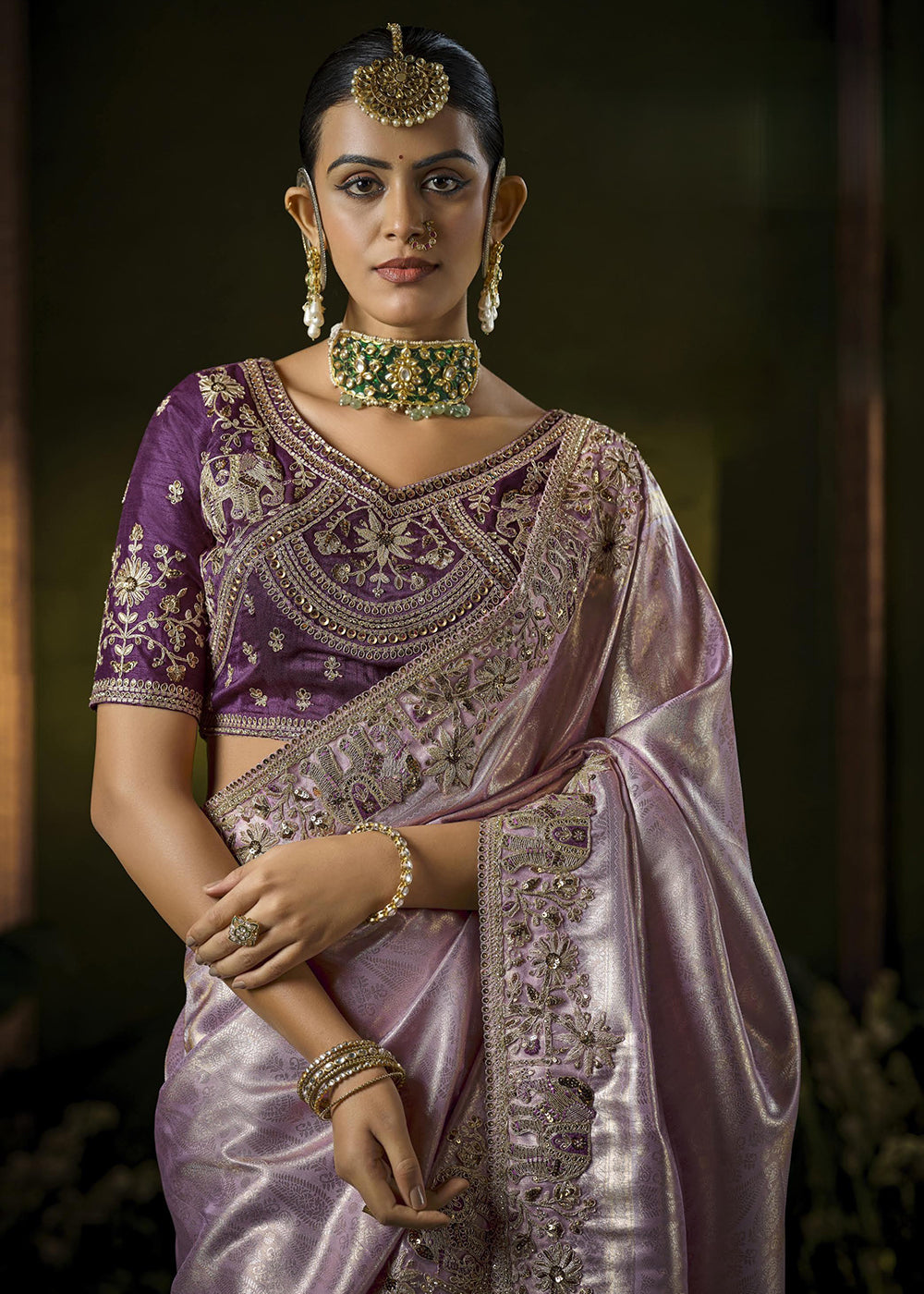 Buy Lavender & Purple Heavy Silk Embroidered Bridal Wear Saree Online in USA, UK, Canada, France, Germany, Italy, Austria, UAE Singapore & Worldwide at Empress.