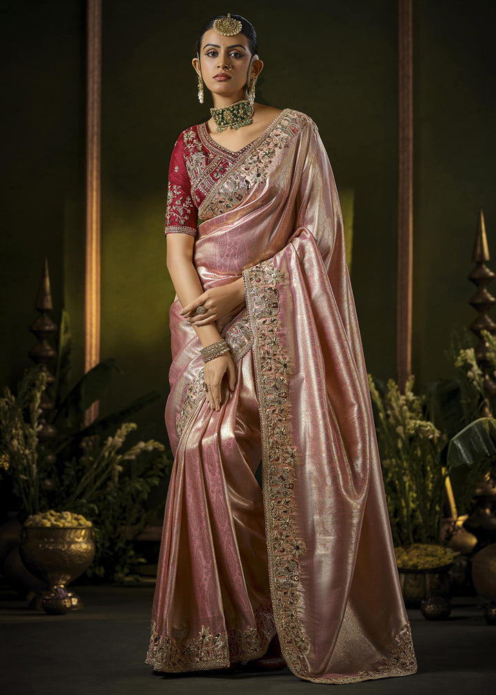 Buy Pink & Red Heavy Silk Embroidered Bridal Wear Saree Online in USA, UK, Canada, France, Germany, Italy, Austria, Denmark, Singapore & Worldwide at Empress.
