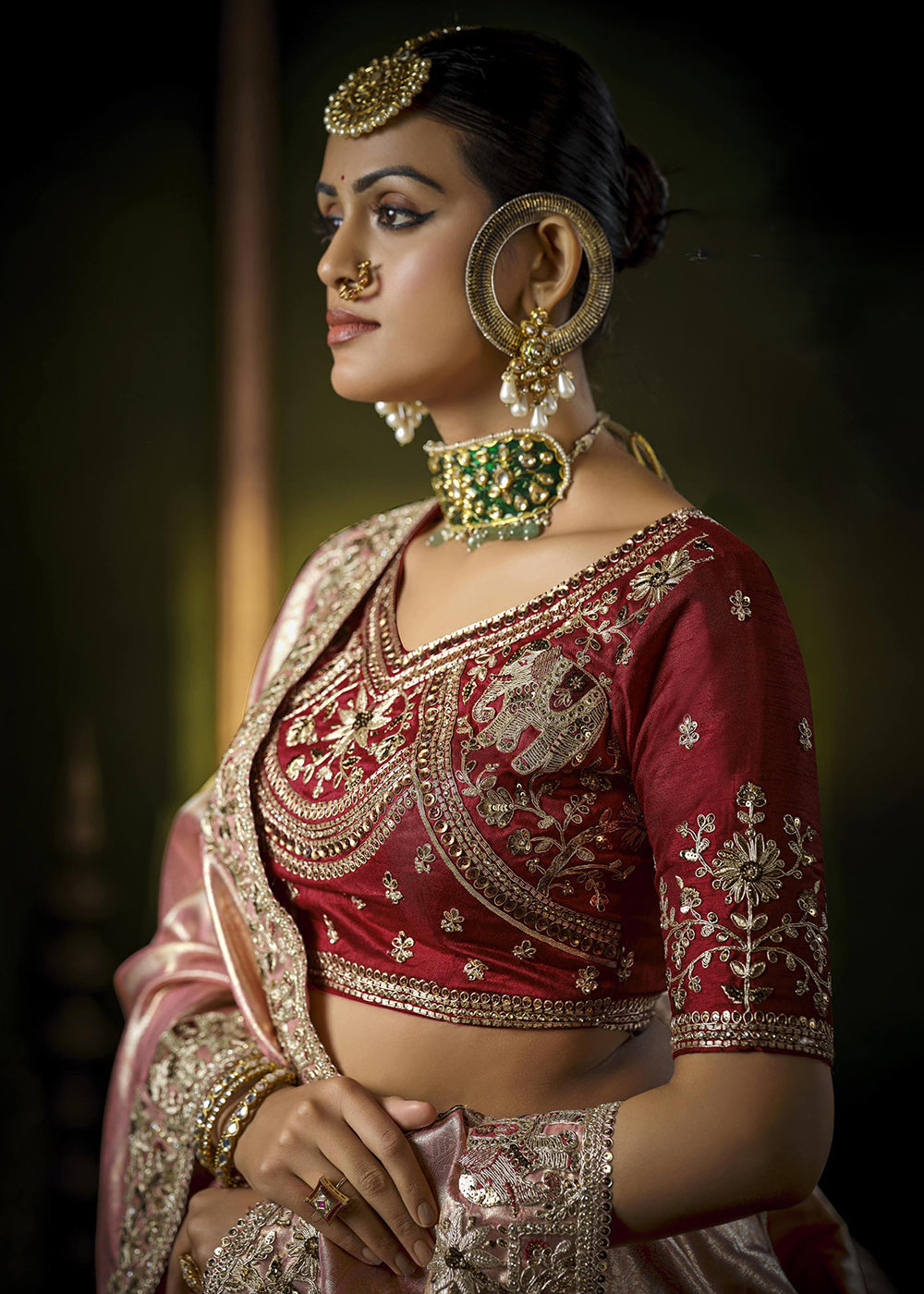 Buy Pink & Red Heavy Silk Embroidered Bridal Wear Saree Online in USA, UK, Canada, France, Germany, Italy, Austria, Denmark, Singapore & Worldwide at Empress.