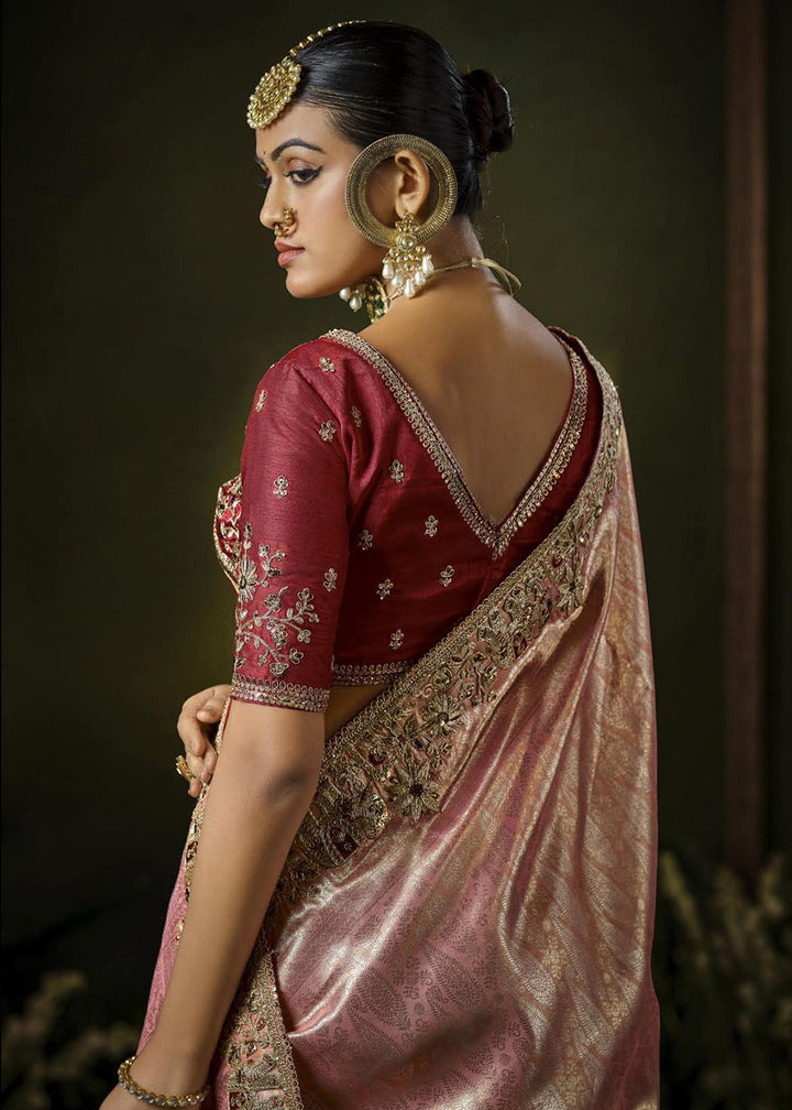 Buy Pink & Red Heavy Silk Embroidered Bridal Wear Saree Online in USA, UK, Canada, France, Germany, Italy, Austria, Denmark, Singapore & Worldwide at Empress.