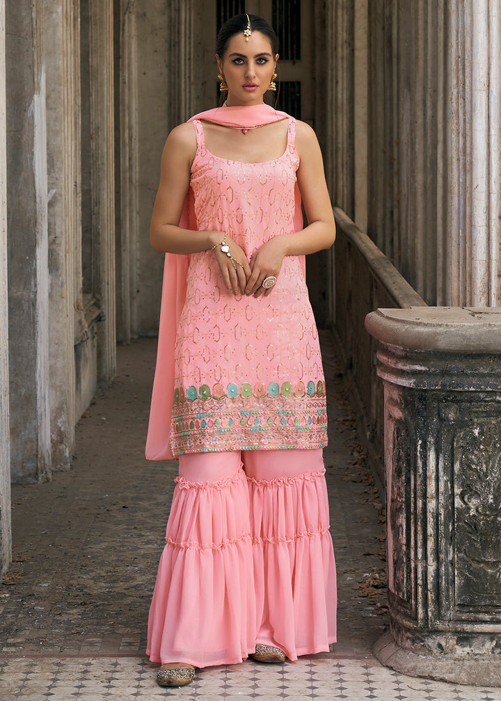 Shop Now Coral Pink Faux Georgette Festive Gharara Style Suit Online at Empress Clothing in USA, UK, Canada, Italy & Worldwide.
