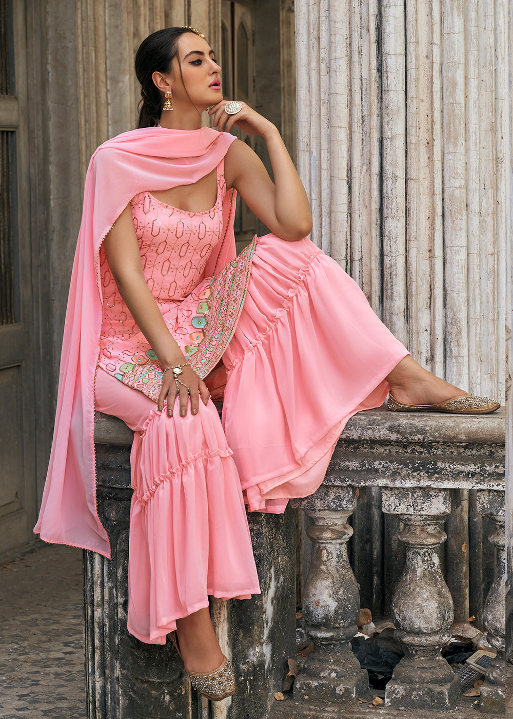 Shop Now Coral Pink Faux Georgette Festive Gharara Style Suit Online at Empress Clothing in USA, UK, Canada, Italy & Worldwide.