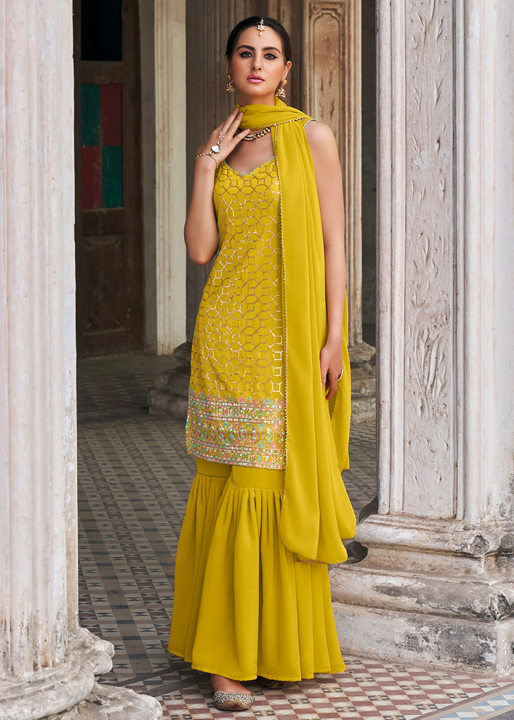 Shop Now Yellow Faux Georgette Festive Gharara Style Suit Online at Empress Clothing in USA, UK, Canada, Italy & Worldwide.