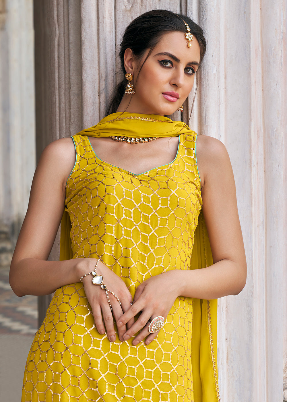Shop Now Yellow Faux Georgette Festive Gharara Style Suit Online at Empress Clothing in USA, UK, Canada, Italy & Worldwide.