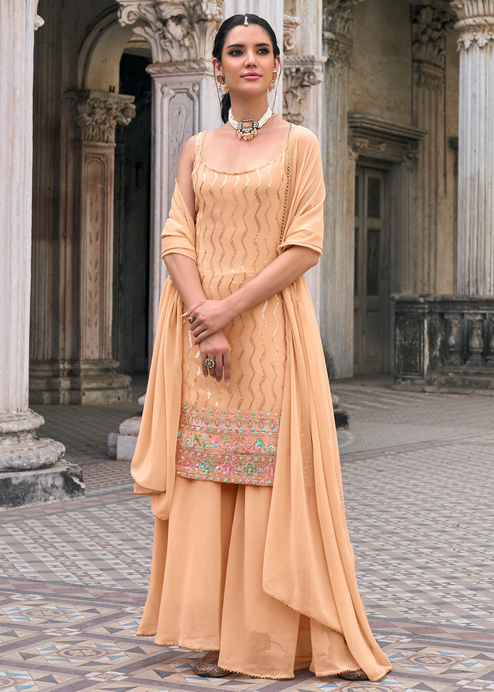 Shop Now Peach Faux Georgette Festive Sharara Style Suit Online at Empress Clothing in USA, UK, Canada, Italy & Worldwide.