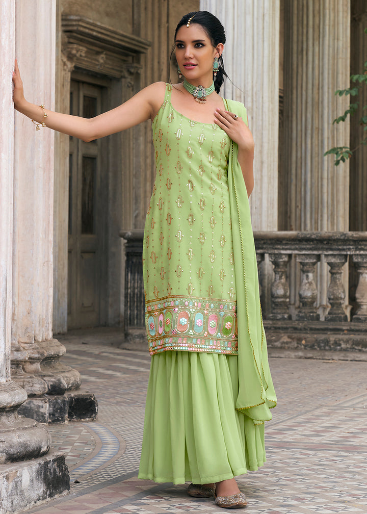 Shop Now Green Faux Georgette Festive Gharara Style Suit Online at Empress Clothing in USA, UK, Canada, Italy & Worldwide. 