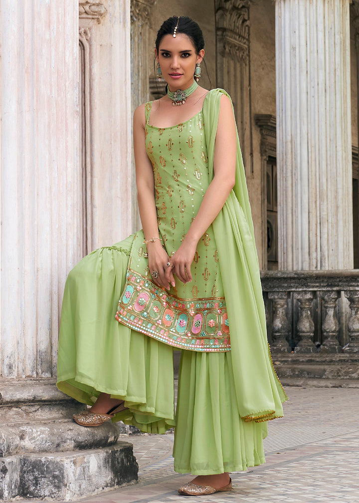 Shop Now Green Faux Georgette Festive Gharara Style Suit Online at Empress Clothing in USA, UK, Canada, Italy & Worldwide. 