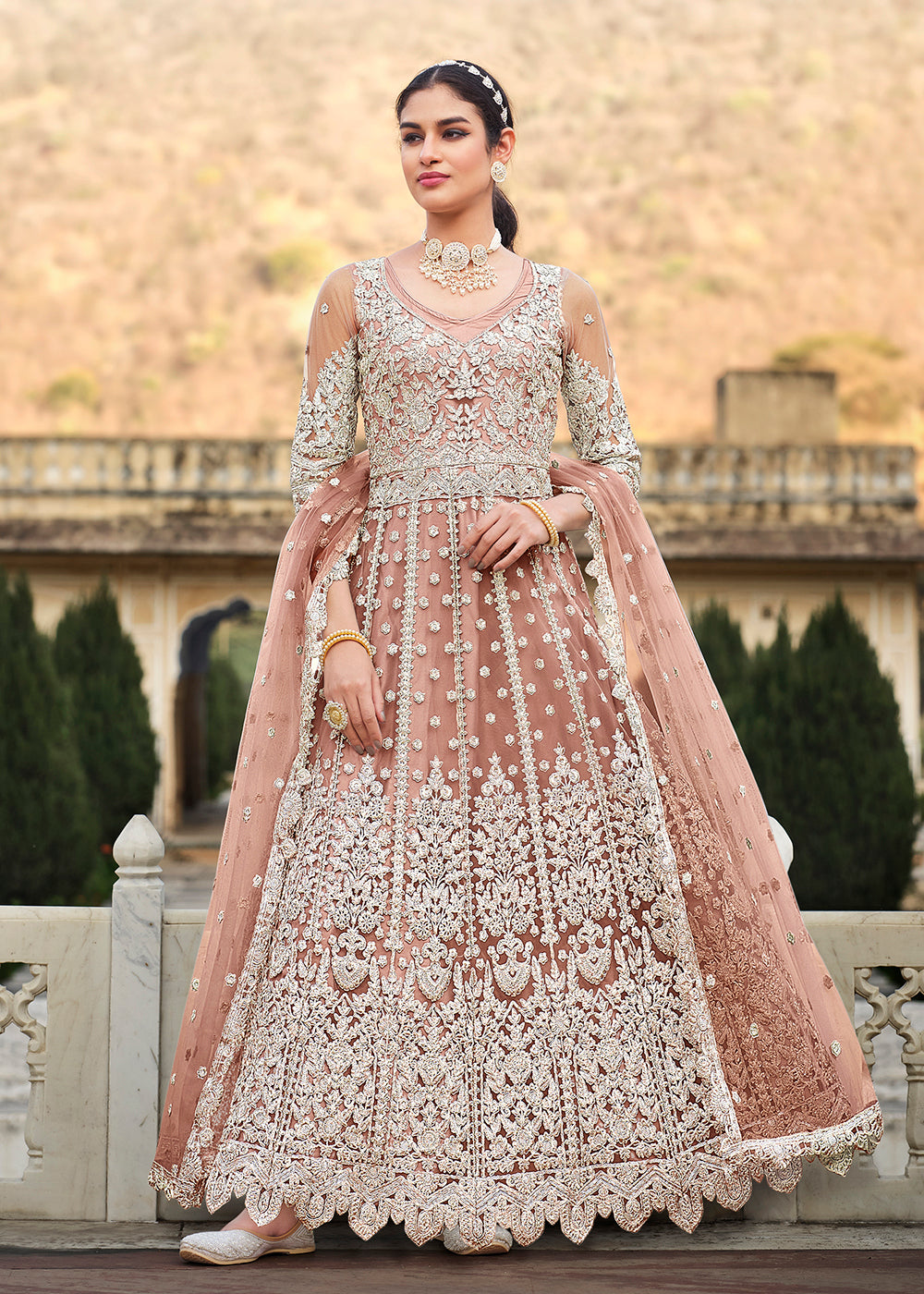 Buy Now Butterfly Net Peach Embroidered Wedding Bridesmaid Anarkali Suit Online in USA, UK, Australia, New Zealand, Canada, Italy & Worldwide at Empress Clothing.