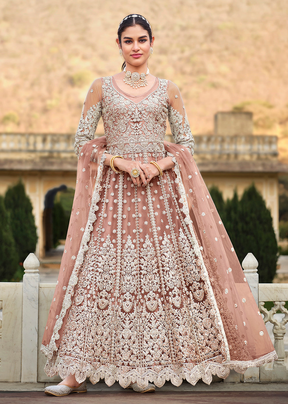 Buy Now Butterfly Net Peach Embroidered Wedding Bridesmaid Anarkali Suit Online in USA, UK, Australia, New Zealand, Canada, Italy & Worldwide at Empress Clothing.