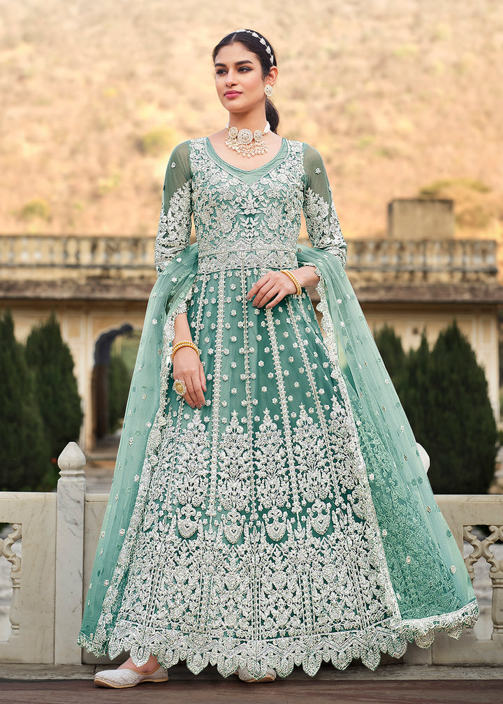 Buy Now Butterfly Net Green Embroidered Wedding Bridesmaid Anarkali Suit Online in USA, UK, Australia, New Zealand, Canada, Italy & Worldwide at Empress Clothing.