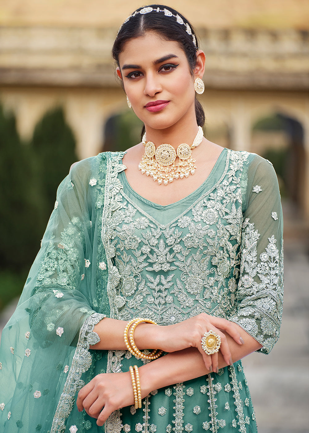 Buy Now Butterfly Net Green Embroidered Wedding Bridesmaid Anarkali Suit Online in USA, UK, Australia, New Zealand, Canada, Italy & Worldwide at Empress Clothing.