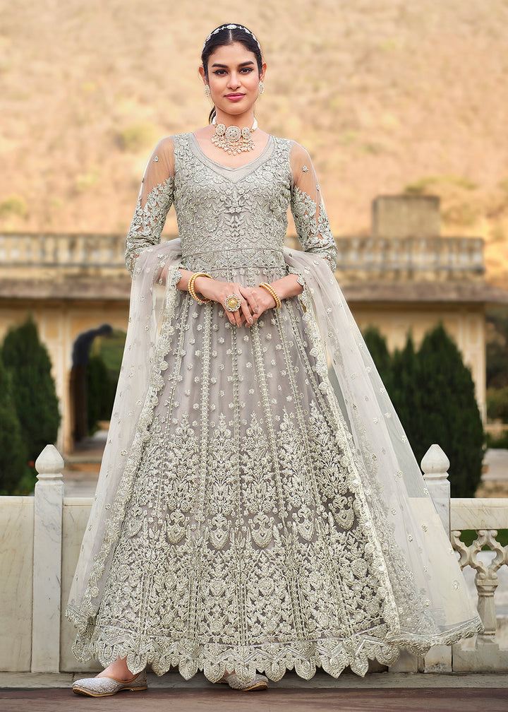 Buy Now Butterfly Net Grey Embroidered Wedding Bridesmaid Anarkali Suit Online in USA, UK, Australia, New Zealand, Canada, Italy & Worldwide at Empress Clothing. 