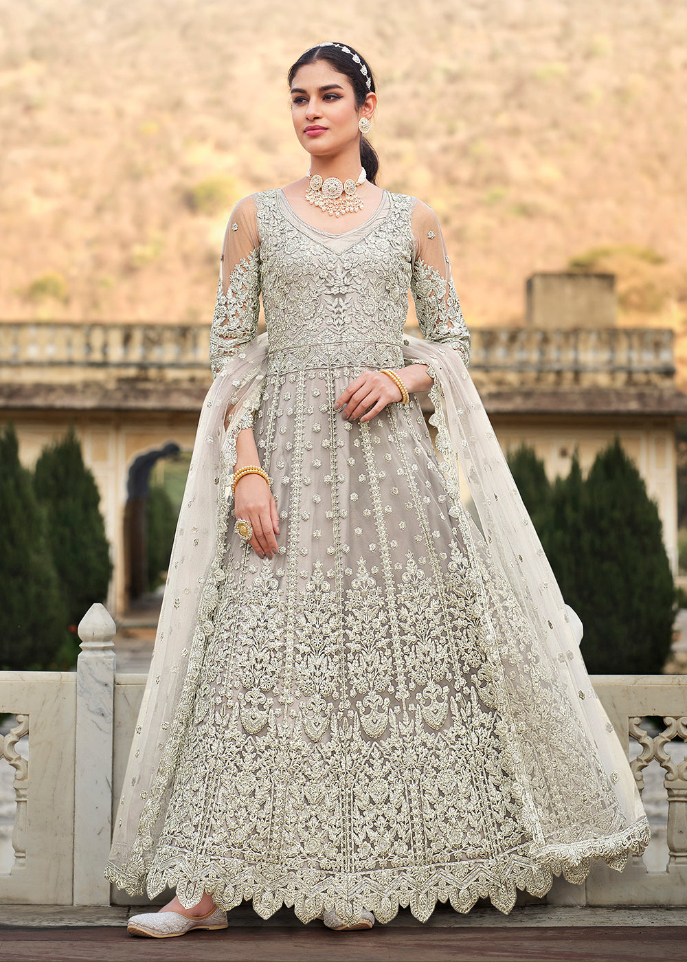 Embroidered Eid Anarkali Suit in Light brown Net - AS3525