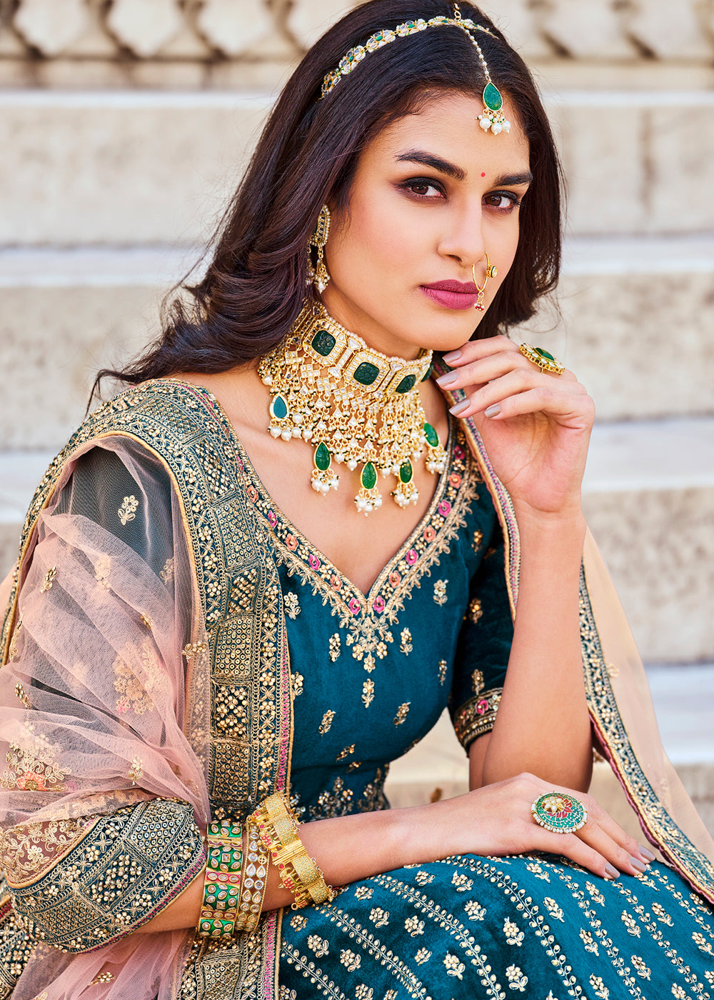 Velvet Lehenga Jewellery Set For Blue Lehenga Bridal Lehenga Choli