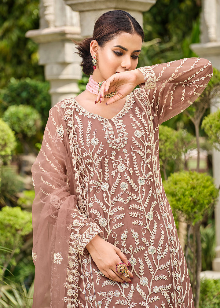 Buy Now Copper Brown Stone & Cording Work Festive Palazzo Suit Online in USA, UK, Canada, Germany, Australia & Worldwide at Empress Clothing.