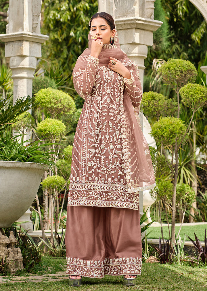 Buy Now Copper Brown Stone & Cording Work Festive Palazzo Suit Online in USA, UK, Canada, Germany, Australia & Worldwide at Empress Clothing.