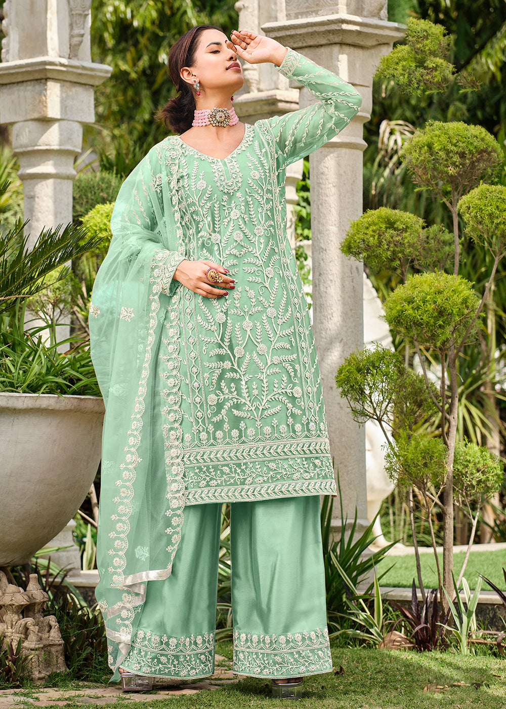Buy Now Mint Green Stone & Cording Work Festive Palazzo Suit Online in USA, UK, Canada, Germany, Australia & Worldwide at Empress Clothing.