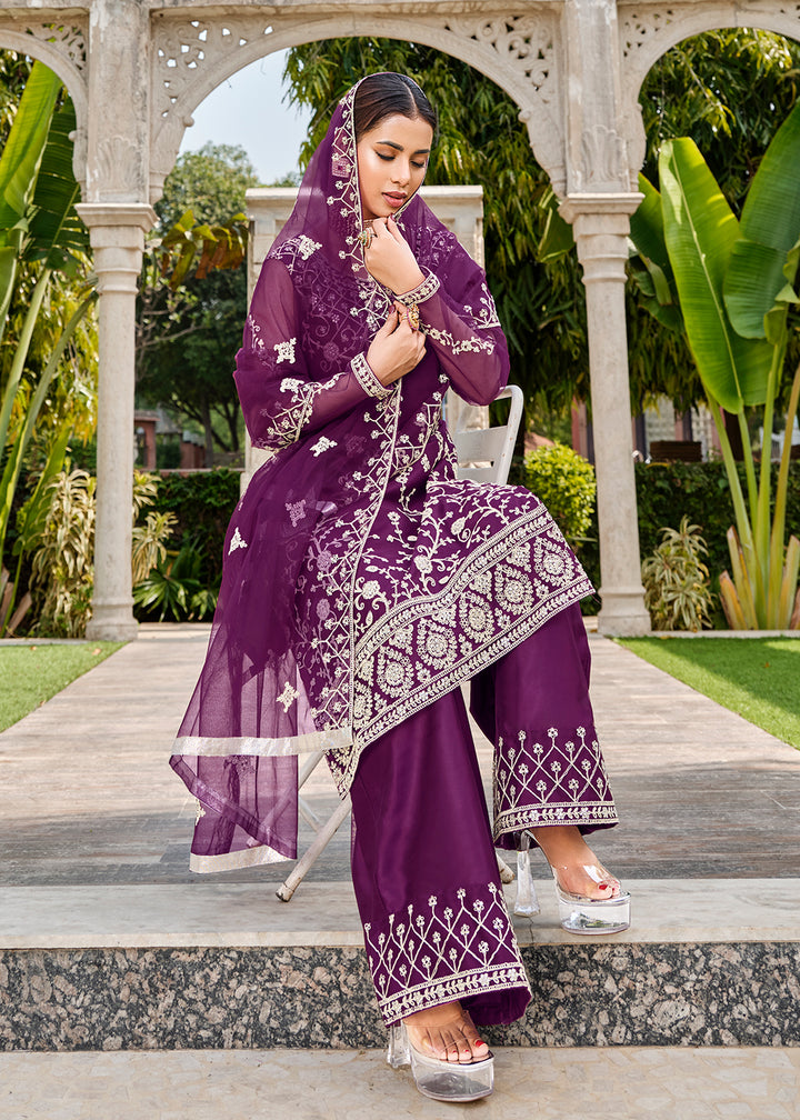 Buy Now Violet Purple Stone & Cording Work Festive Palazzo Suit Online in USA, UK, Canada, Germany, Australia & Worldwide at Empress Clothing. 