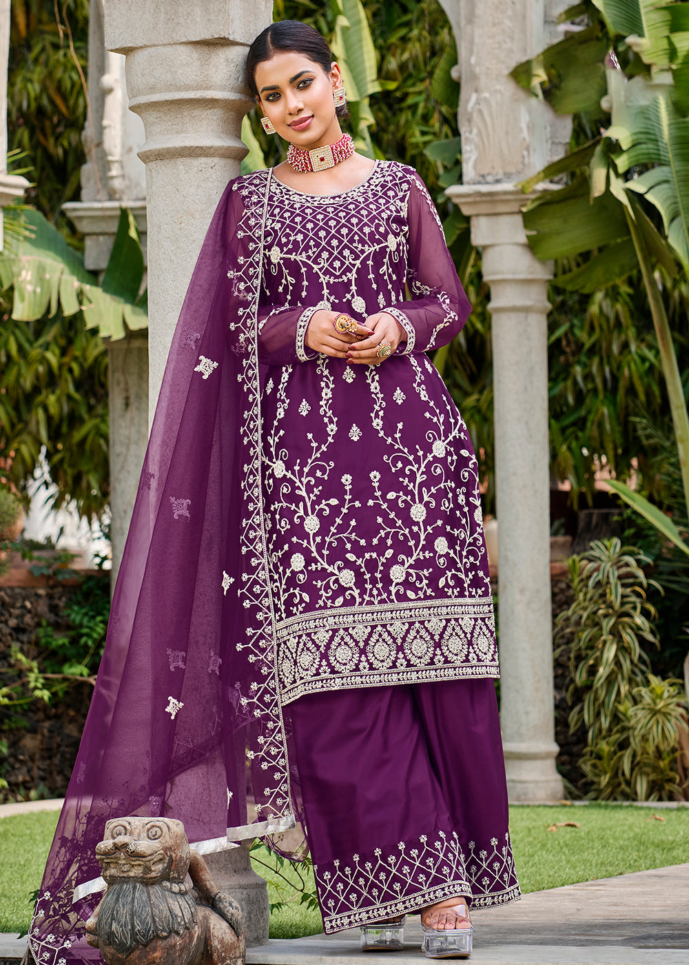 Buy Now Violet Purple Stone & Cording Work Festive Palazzo Suit Online in USA, UK, Canada, Germany, Australia & Worldwide at Empress Clothing. 