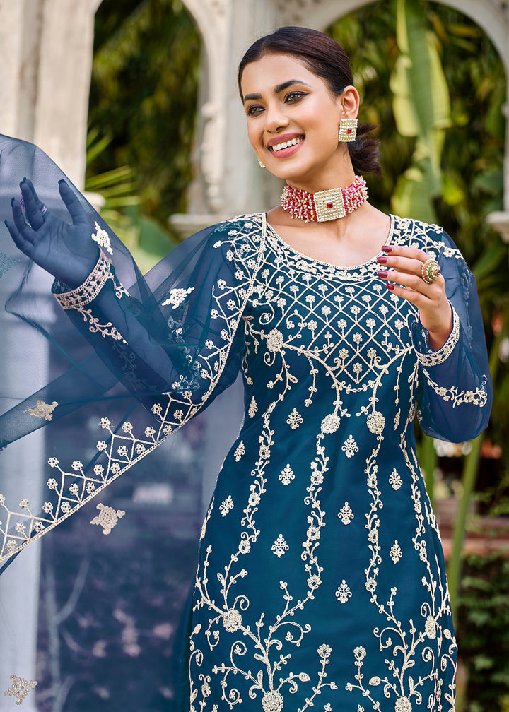 Buy Now Prussian Blue Stone & Cording Work Festive Palazzo Suit Online in USA, UK, Canada, Germany, Australia & Worldwide at Empress Clothing.