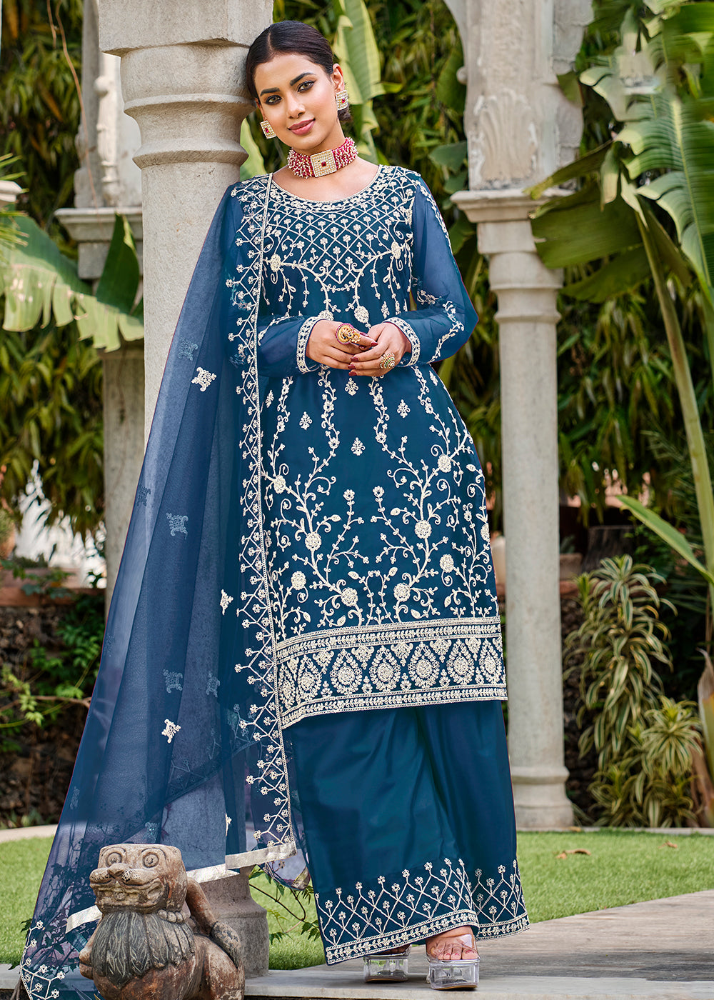 Buy Now Prussian Blue Stone & Cording Work Festive Palazzo Suit Online in USA, UK, Canada, Germany, Australia & Worldwide at Empress Clothing.