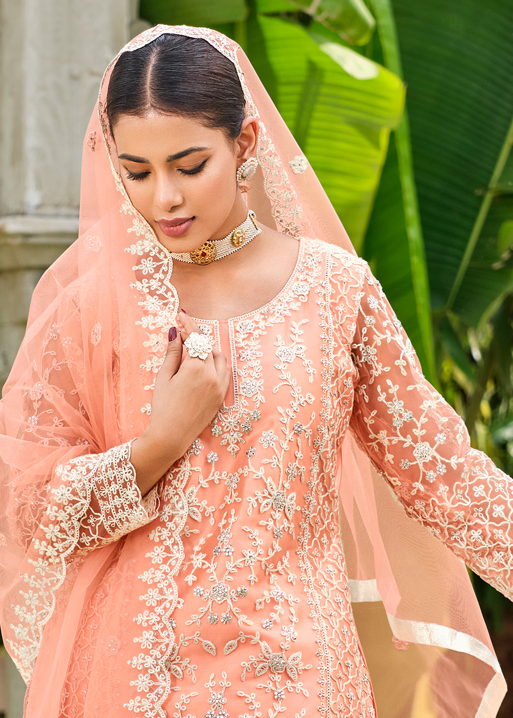 Buy Now Pretty Peach Stone & Cording Work Festive Palazzo Suit Online in USA, UK, Canada, Germany, Australia & Worldwide at Empress Clothing. 