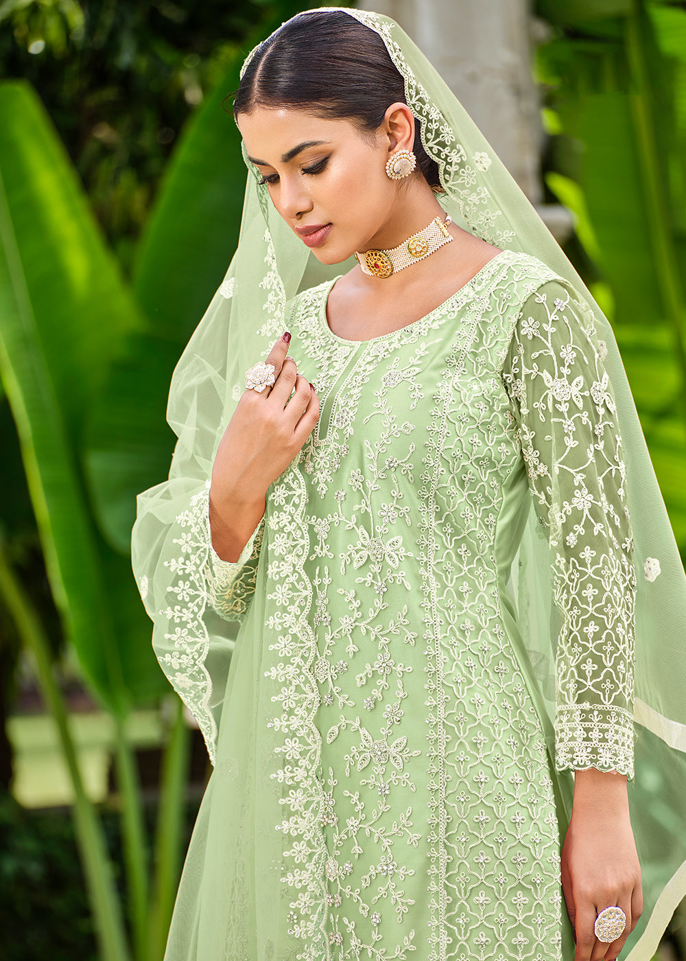 Buy Now Pista Green Stone & Cording Work Festive Palazzo Suit Online in USA, UK, Canada, Germany, Australia & Worldwide at Empress Clothing. 