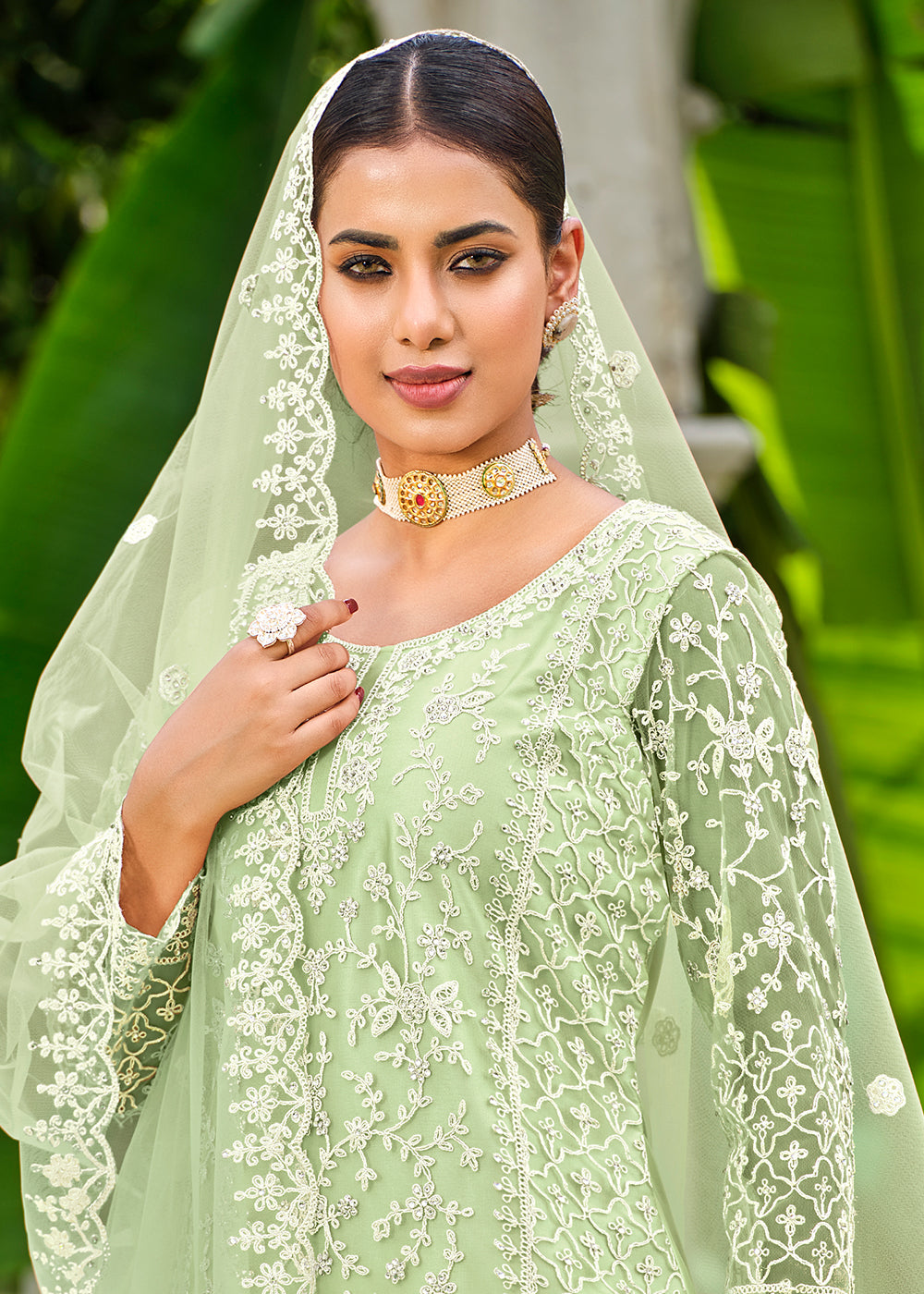Pista Green Stone & Cording Work Festive Palazzo Suit Pista Green Stone & Cording Work Festive Palazzo Suit