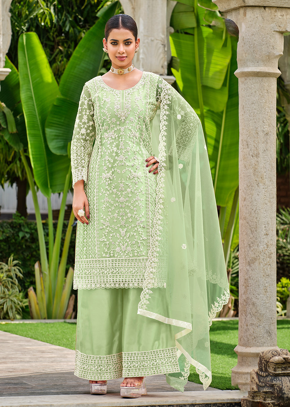 Buy Now Pista Green Stone & Cording Work Festive Palazzo Suit Online in USA, UK, Canada, Germany, Australia & Worldwide at Empress Clothing. 