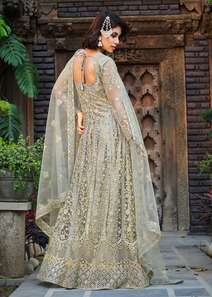 Buy Now Thread Stone Embroidered Stunning Grey Wedding Anarkali Suit Online in USA, UK, Australia, New Zealand, Canada, Italy & Worldwide at Empress Clothing.