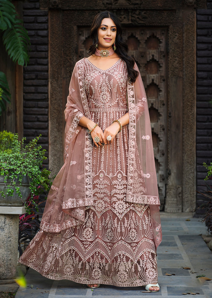 Buy Now Thread Stone Embroidered Stunning Mauve Wedding Anarkali Suit Online in USA, UK, Australia, New Zealand, Canada, Italy & Worldwide at Empress Clothing.
