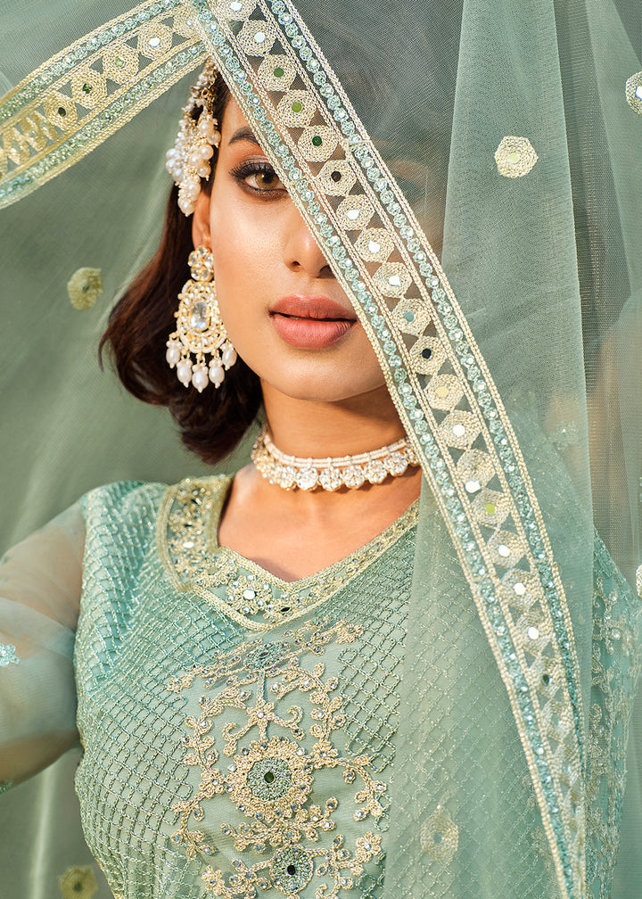 Buy Now Thread Stone Embroidered Stunning Aqua Green Wedding Anarkali Suit Online in USA, UK, Australia, New Zealand, Canada, Italy & Worldwide at Empress Clothing. 