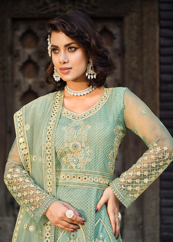Buy Now Thread Stone Embroidered Stunning Aqua Green Wedding Anarkali Suit Online in USA, UK, Australia, New Zealand, Canada, Italy & Worldwide at Empress Clothing. 