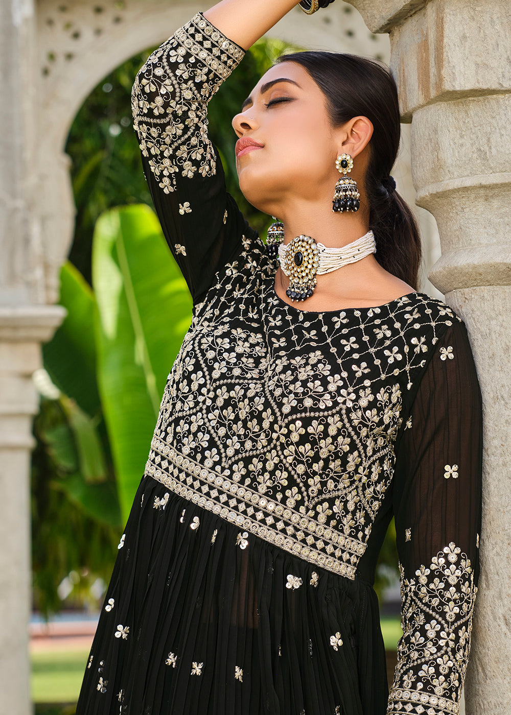 Buy Now Premium Georgette Black Sequins & Crushed Wedding Festive Palazzo Suit Online in USA, UK, Canada, Germany, Australia & Worldwide at Empress Clothing