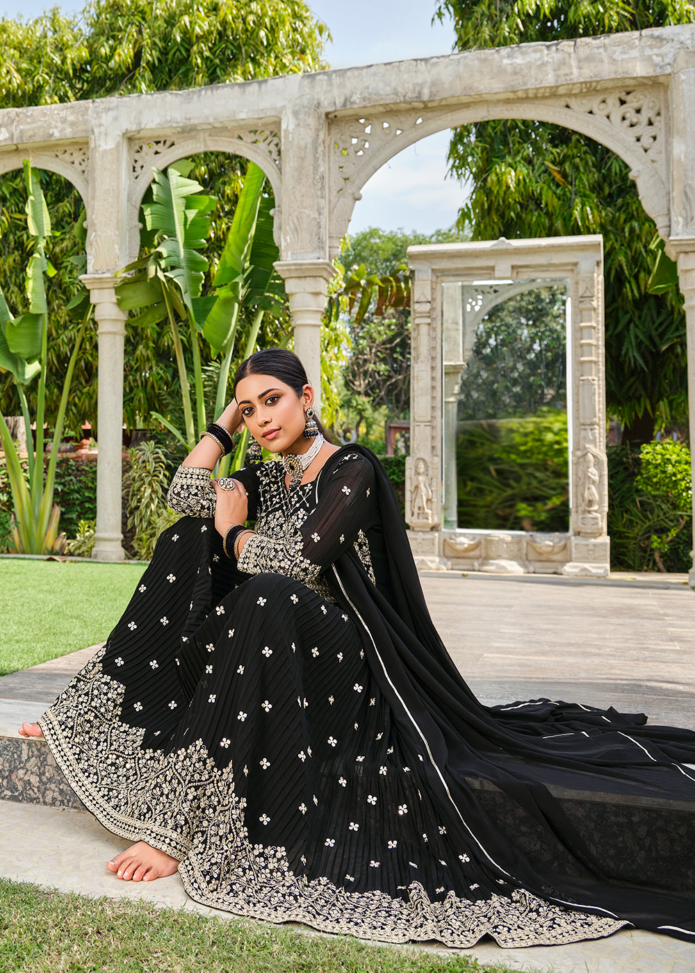 Buy Now Premium Georgette Black Sequins & Crushed Wedding Festive Palazzo Suit Online in USA, UK, Canada, Germany, Australia & Worldwide at Empress Clothing