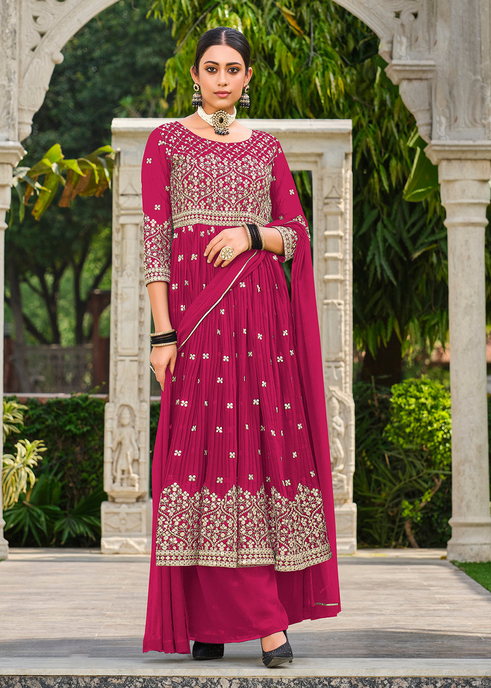 Buy Now Premium Georgette Pink Sequins & Crushed Wedding Festive Palazzo Suit Online in USA, UK, Canada, Germany, Australia & Worldwide at Empress Clothing. 