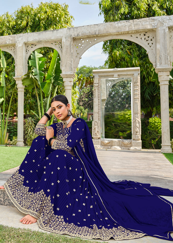 Buy Now Premium Georgette Blue Sequins & Crushed Wedding Festive Palazzo Suit Online in USA, UK, Canada, Germany, Australia & Worldwide at Empress Clothing. 