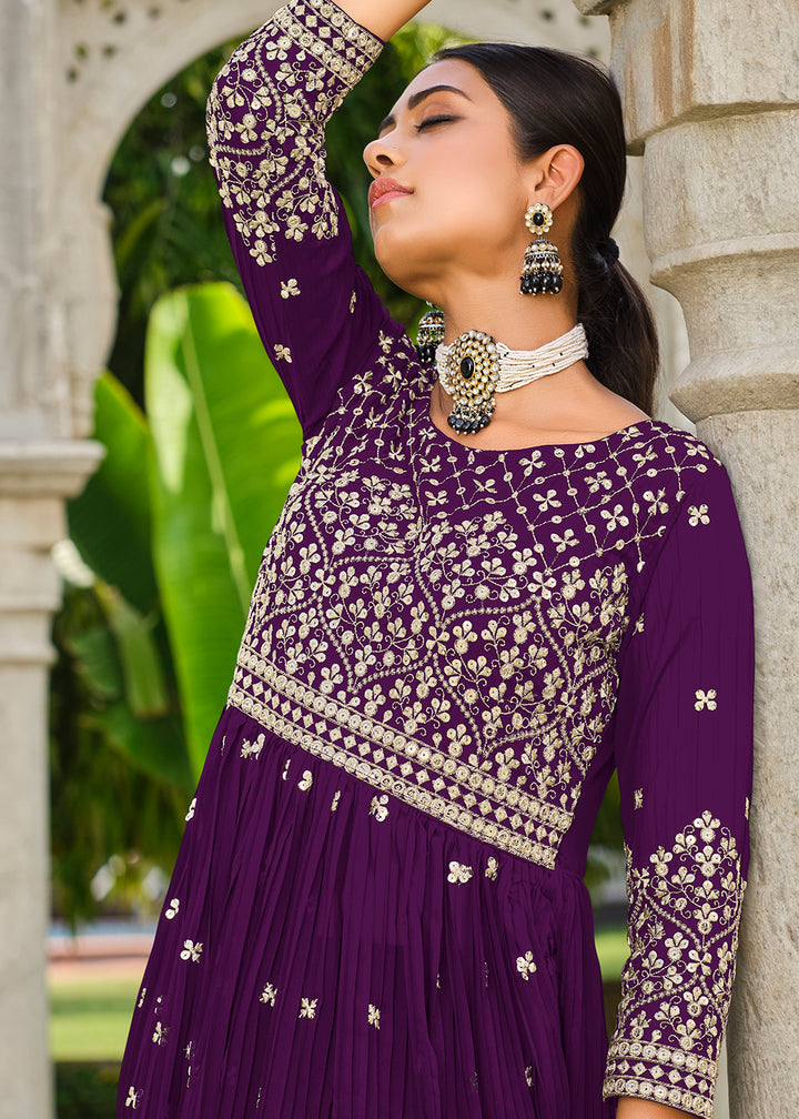 Buy Now Premium Georgette Purple Sequins & Crushed Wedding Festive Palazzo Suit Online in USA, UK, Canada, Germany, Australia & Worldwide at Empress Clothing.